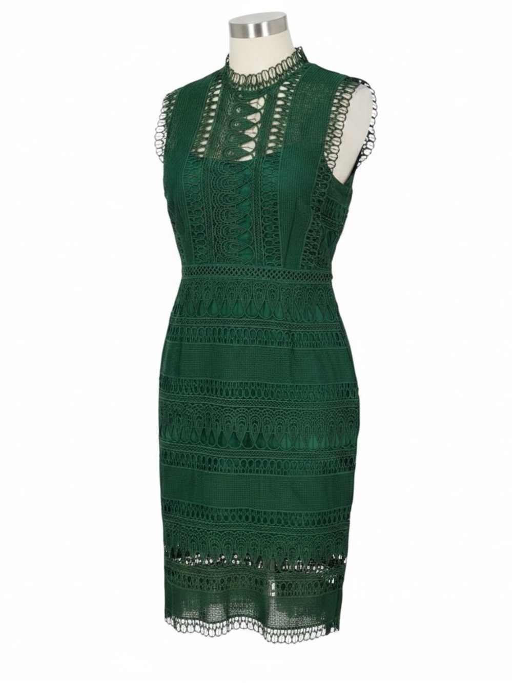 BARDOT ✘ Mariana Lace Panel Sheath Midi Dress Dark Green Mock Neck Cocktail, 8 M - Picture 5 of 7
